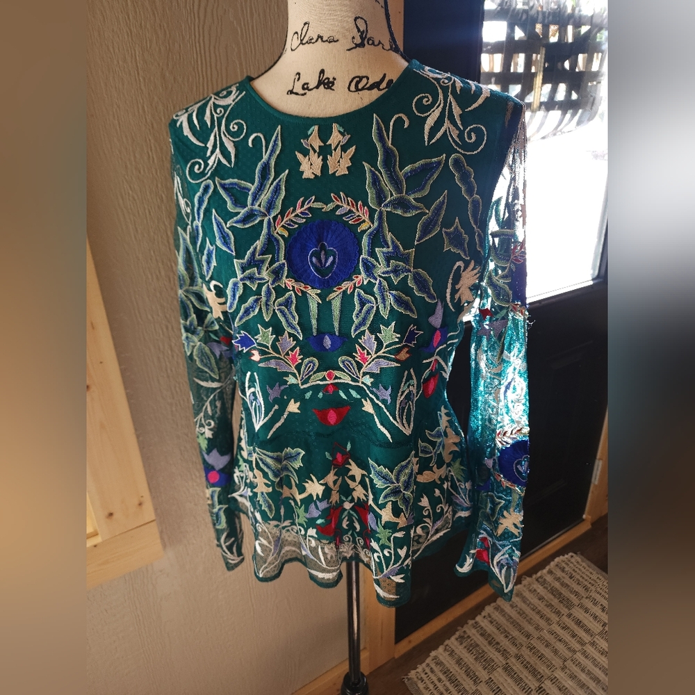 Sundance Teal Multicolor Embroidered Floral Long-Sleeve Top
